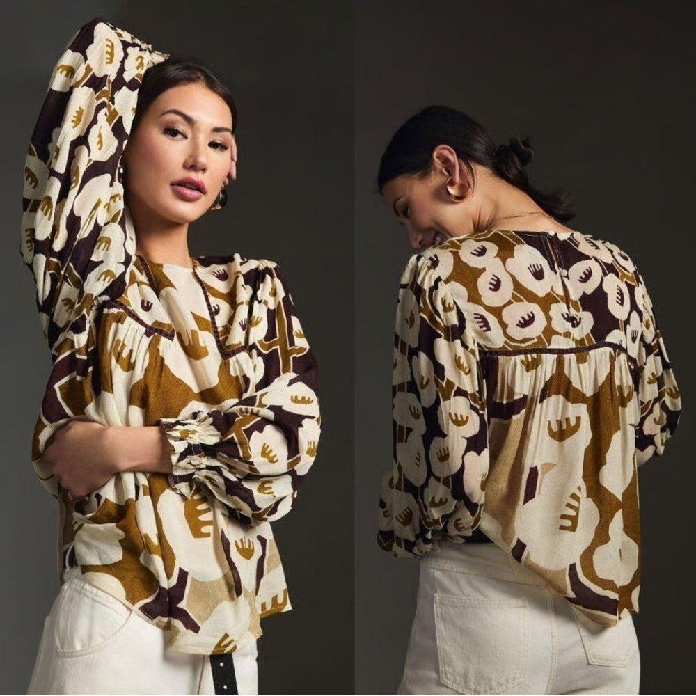 Bl^nk London x‎ Anthropologie MIRANDA PEASANT Med Brown Floral Blouse